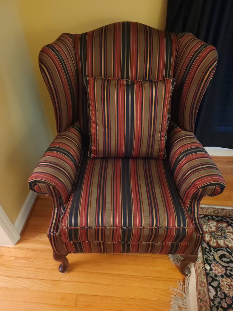 Pair of Broadmoor Wingback Chairs – Bold Striped Upholstery, Classic Carved Legs, Accent Pillows
