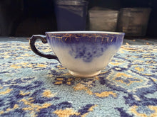 Load image into Gallery viewer, Antique Flow Blue Teacup with Gold Trim – Early 1900s Ironstone Pottery, Cobalt Blue Ombre, Crackle Glaze
