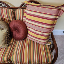 Load image into Gallery viewer, Rattan Sofa with Bright Striped Upholstery and Matching Accent Pillows

