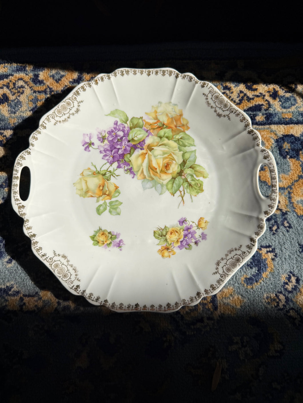 Antique PM Bavaria Handled Serving Plate – Yellow Roses & Purple Violets Floral Design – Gold Filigree Rim – German Porcelain, Early 1900s