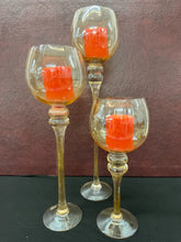 Load image into Gallery viewer, Gold Stem Hurricane Candle Holders – Set of 3 Graduated 16” 18” 22”
