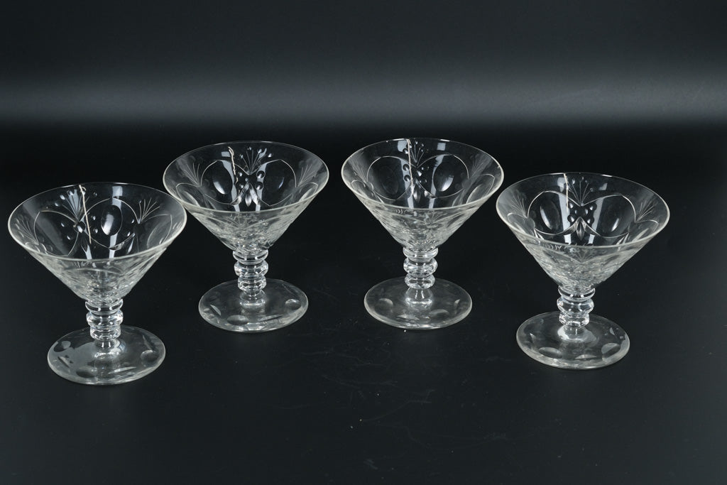 Set of 4 Vintage Cut Crystal Champagne Coupes / Dessert Cocktail Glasses – Etched Floral Design