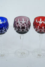 Load image into Gallery viewer, Set of 4 Hungarian Hand Cut Crystal Wine Glasses Colored Overlay 24 Percent Lead 8.5 Inch
