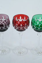 Load image into Gallery viewer, Set of 4 Hungarian Hand Cut Crystal Wine Glasses Colored Overlay 24 Percent Lead 8.5 Inch
