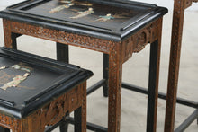 Load image into Gallery viewer, Vintage Asian Carved Wood Nesting Tables with Figural Inlay, Set of 4
