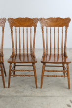 Load image into Gallery viewer, Set of Four Vintage Carved Oak Pressed Back Spindle Dining Chairs
