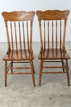 Load image into Gallery viewer, Set of Four Vintage Carved Oak Pressed Back Spindle Dining Chairs
