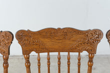 Load image into Gallery viewer, Set of Four Vintage Carved Oak Pressed Back Spindle Dining Chairs
