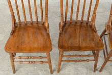 Load image into Gallery viewer, Set of Four Vintage Carved Oak Pressed Back Spindle Dining Chairs
