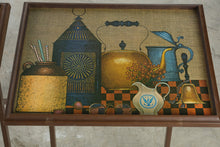 Load image into Gallery viewer, Set of 4 Vintage Folding TV Tray Tables Wood Faux Burlap Folk Art Kitchen Scenes
