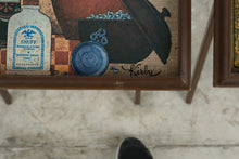 Load image into Gallery viewer, Set of 4 Vintage Folding TV Tray Tables Wood Faux Burlap Folk Art Kitchen Scenes

