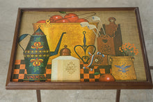 Load image into Gallery viewer, Set of 4 Vintage Folding TV Tray Tables Wood Faux Burlap Folk Art Kitchen Scenes
