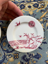 Load image into Gallery viewer, Pair of Antique Red Transferware Saucers – Birds &amp; Blossoms Pattern, Victorian Aesthetic Movement
