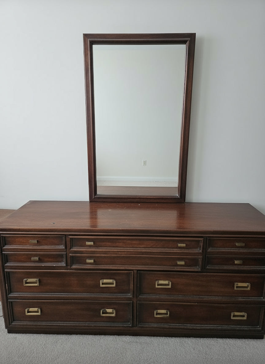 Mid-Century Campaign Style Dresser with Mirror – 9 Drawer Storage
