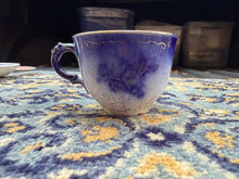 Load image into Gallery viewer, Antique Flow Blue Teacup with Gold Trim – Victorian-Style Floral Pattern
