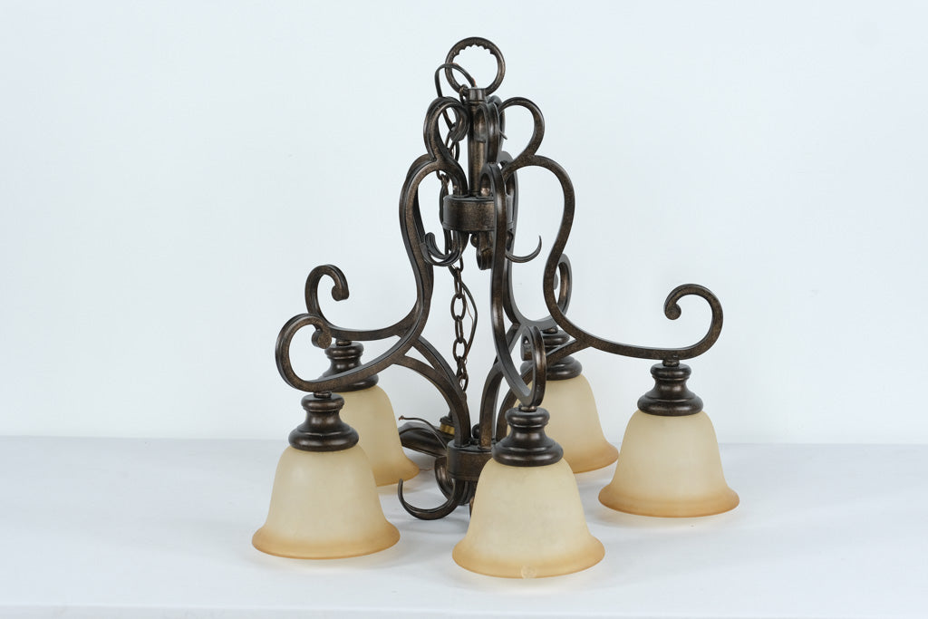 Traditional Bronze 5-Light Chandelier with Amber Glass Shades – 23” x 23”
