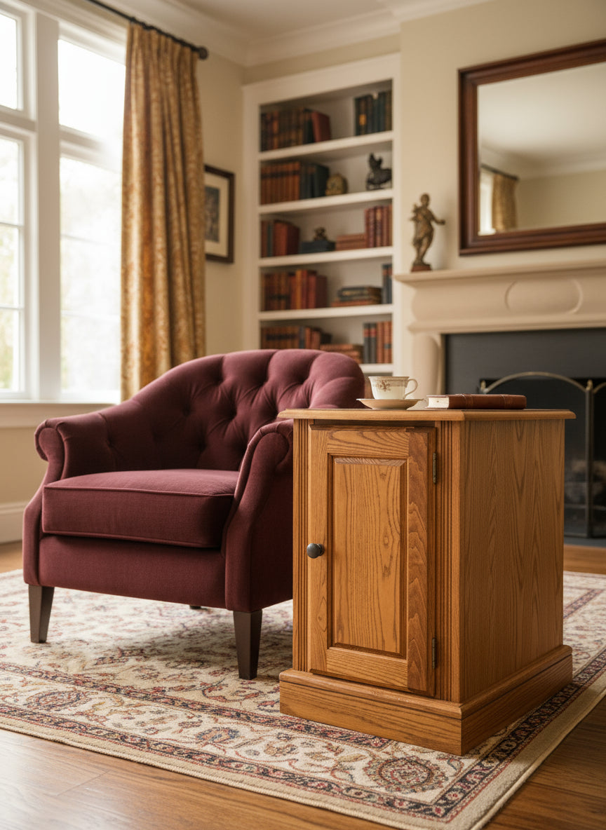 Oak Cabinet Side Table with Rear Magazine Rack