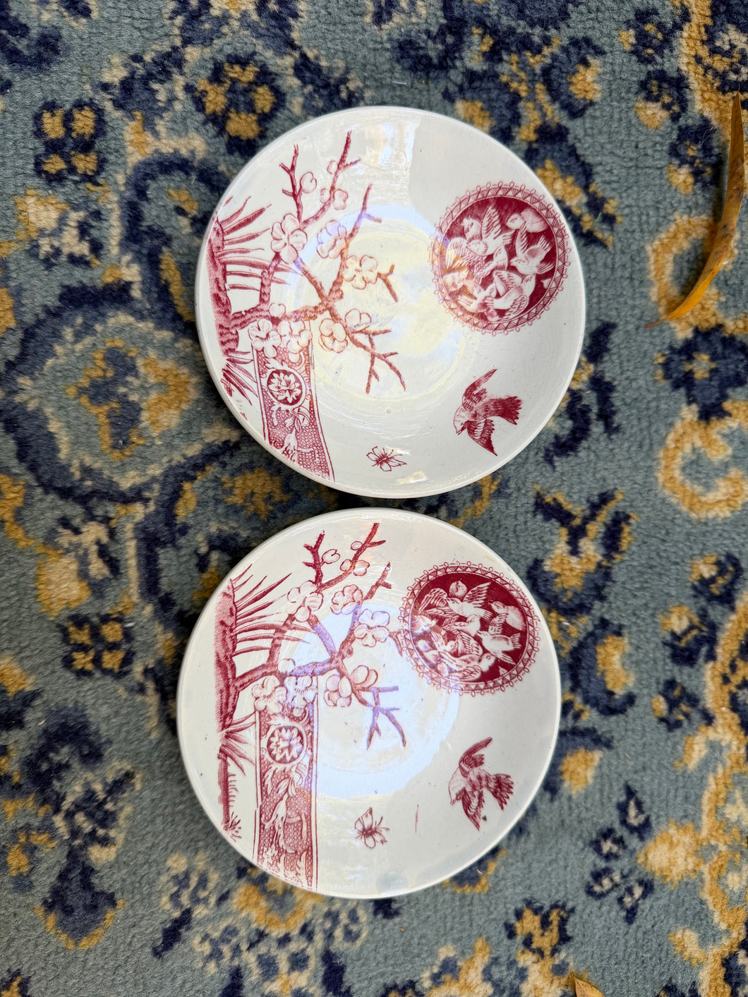 Vintage Transferware Mini Plates – Red “Bird & Blossom” Pattern (Set of 2, 4” each)