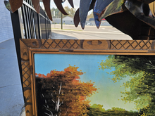 Load image into Gallery viewer, Vintage Mid-Century Velvet Painting – Waterfall Landscape with Hand-Carved Wood Frame
