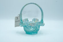 Load image into Gallery viewer, Fenton Blue Opalescent Carnival Glass Handled Basket, Ruffled Rim, Original Label
