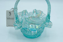 Load image into Gallery viewer, Fenton Blue Opalescent Carnival Glass Handled Basket, Ruffled Rim, Original Label
