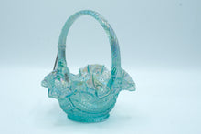 Load image into Gallery viewer, Fenton Blue Opalescent Carnival Glass Handled Basket, Ruffled Rim, Original Label
