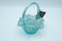 Load image into Gallery viewer, Fenton Blue Opalescent Carnival Glass Handled Basket, Ruffled Rim, Original Label
