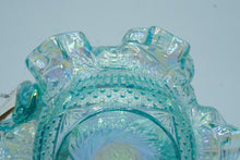Load image into Gallery viewer, Fenton Blue Opalescent Carnival Glass Handled Basket, Ruffled Rim, Original Label
