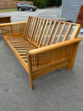Load image into Gallery viewer, Mission-Style Oak Futon Sofa Bed – Excellent Condition
