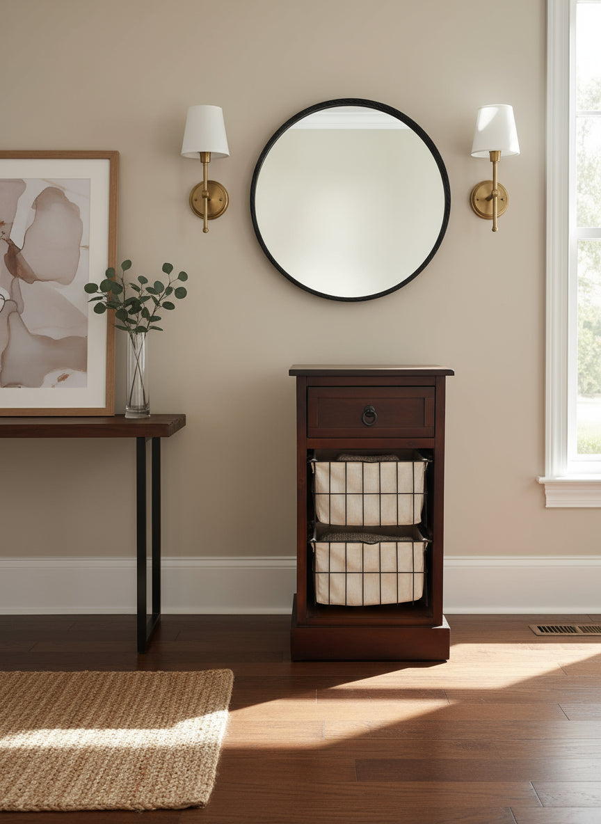 Compact Wood Cabinet with Wire Basket Drawers