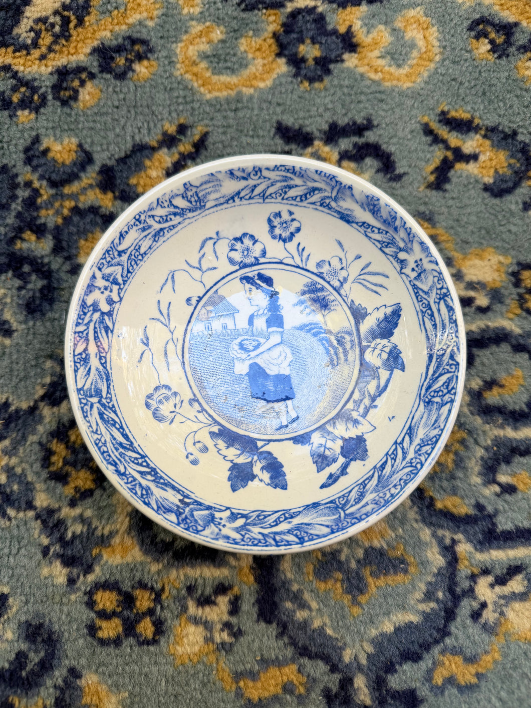 Antique British Blue Transferware Saucer – “Girl with Basket” Pastoral Scene, Registered May 7, 1883