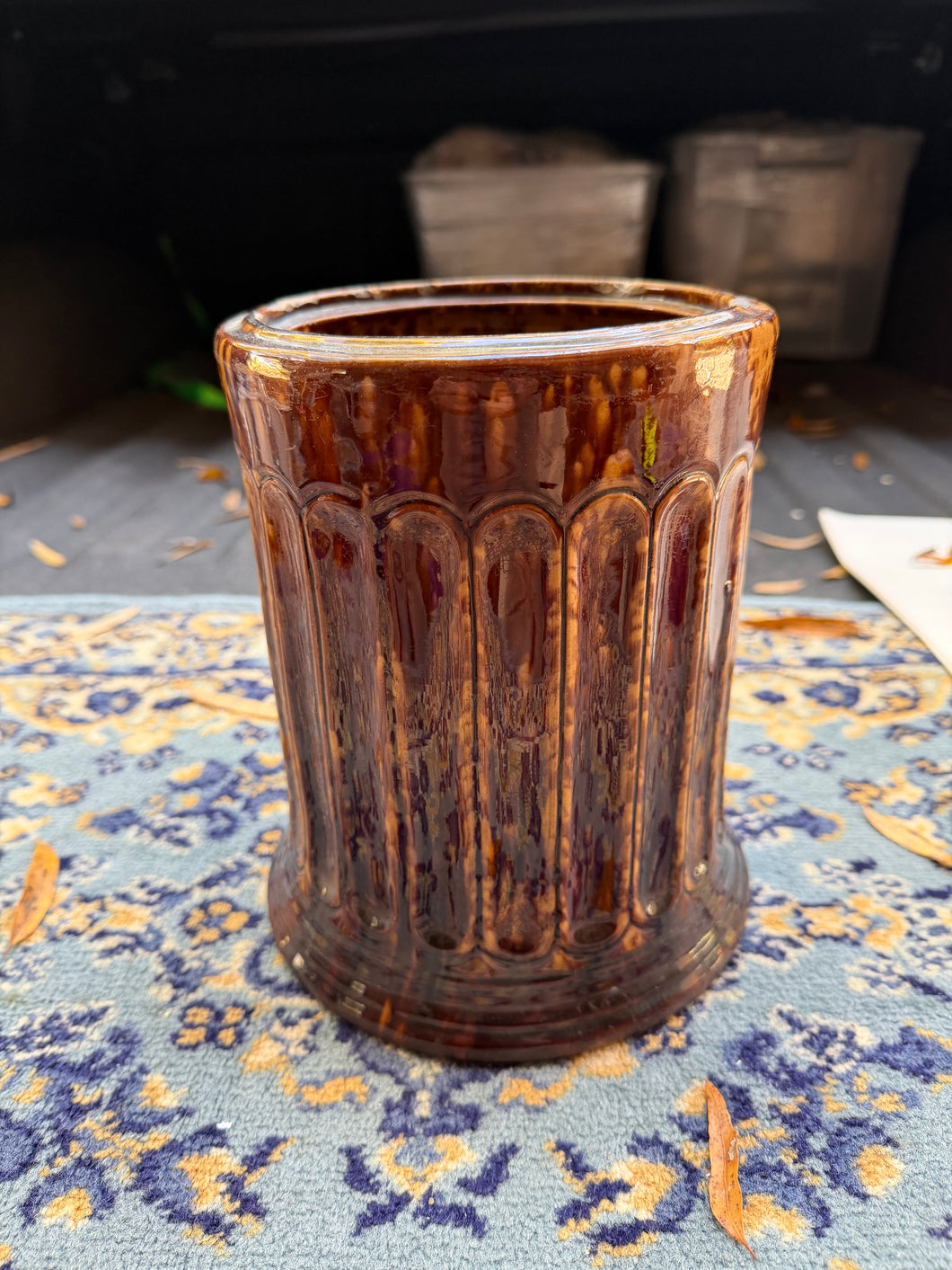 Vintage Brown Glazed Stoneware Crock Jar – Ribbed Barrel Design