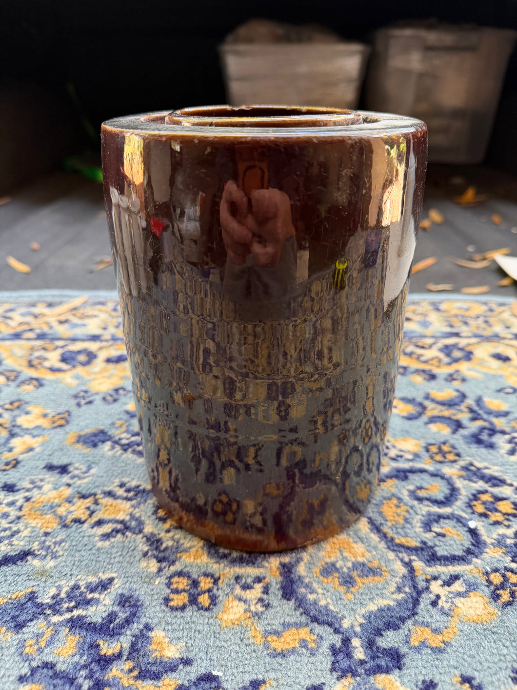 Antique Brown Glazed Stoneware Preserve Jar – Cylindrical Crock with Rolled Rim