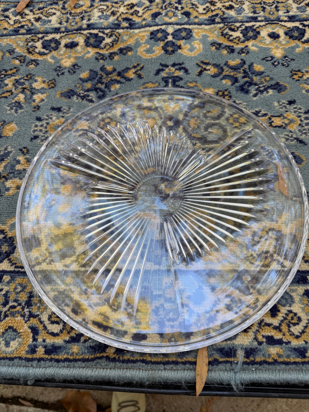 Vintage Clear Glass Platter – 13” Radiant Ribbed Sunburst Design Serving Plate