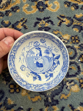Load image into Gallery viewer, Antique British Blue Transferware Saucer – “Girl with Basket” Pastoral Scene, Registered May 7, 1883
