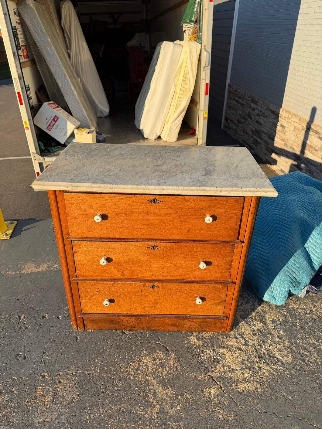 Antique Marble-Top Wash Stand – 19th-Century Chest with Porcelain Pulls