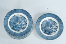 Load image into Gallery viewer, Currier and Ives Royal The Old Grist Mill Blue Transferware Dinner Plates Set of 13
