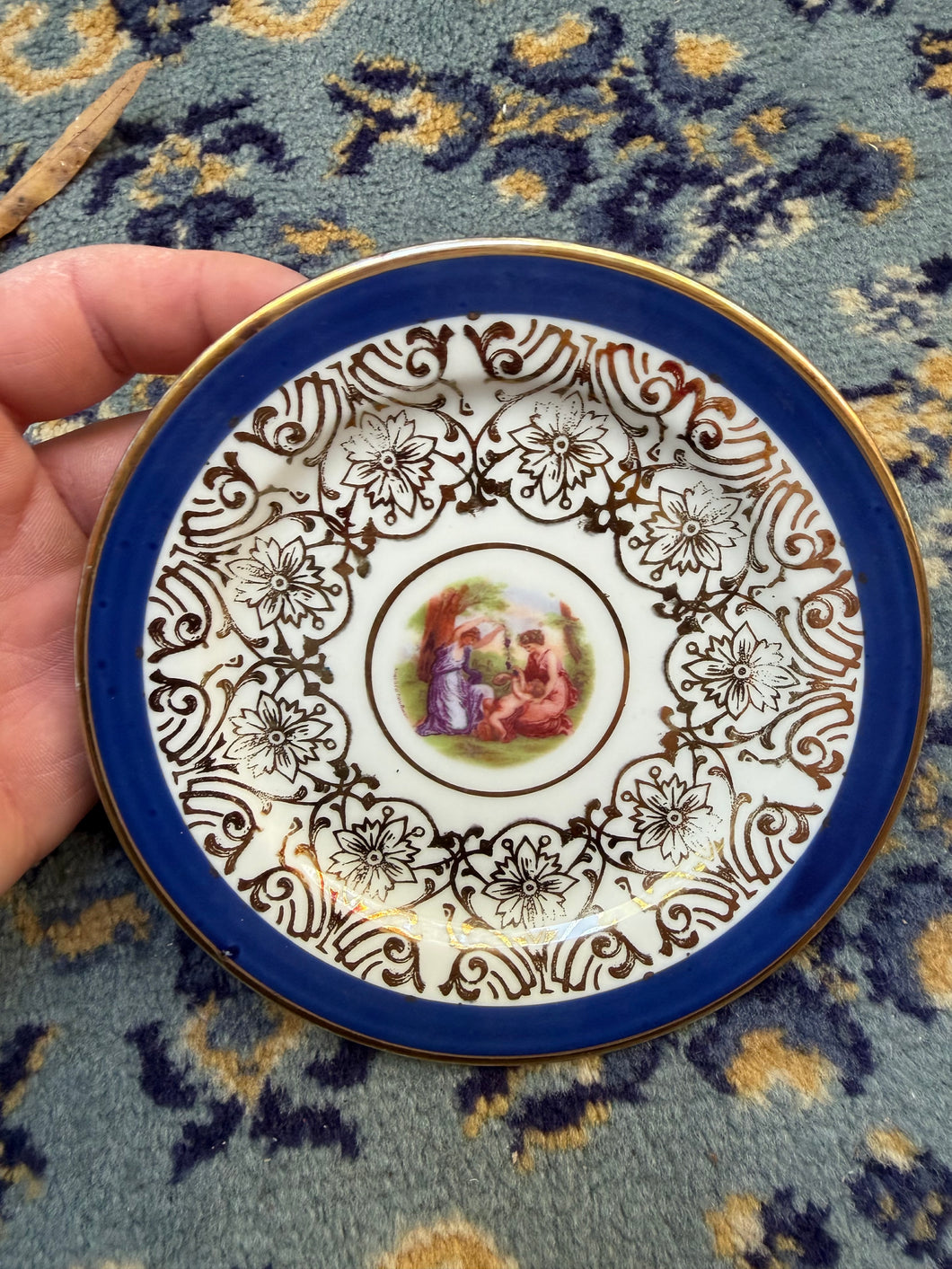 Antique O.P.Co. Syracuse China Decorative Plate – “Classical Scene” Gold Filigree & Cobalt Rim
