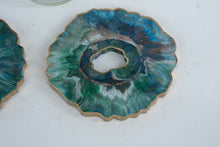 Load image into Gallery viewer, Handcrafted Resin Wine Glass Holder with Coasters Teal Green Stone Look Bar Accessory
