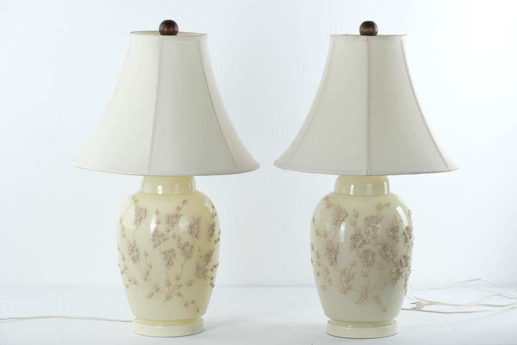Pair of Alabaster Floral Relief Table Lamps