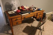 Load image into Gallery viewer, American Drew Oak Writing Desk with Leather Inlaid Top &amp; Gold Tooling
