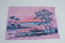 Load image into Gallery viewer, Vintage Signed Asian River Landscape Painting on Pink Fabric 16 x 11 5
