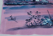 Load image into Gallery viewer, Vintage Signed Asian River Landscape Painting on Pink Fabric 16 x 11 5
