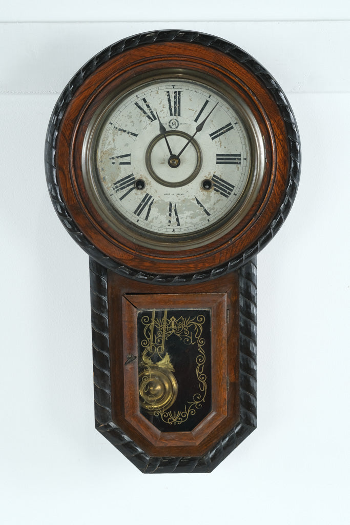 Antique Japanese Wall Clock – “M” Trade Mark – Wooden Schoolhouse