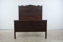 Load image into Gallery viewer, Antique Full Size Dark Wood Paneled Bed with Carved Headboard
