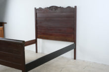 Load image into Gallery viewer, Antique Full Size Dark Wood Paneled Bed with Carved Headboard
