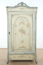 Load image into Gallery viewer, Antique Hand Painted Linen Cabinet Floral Armoire Distressed Blue Cream
