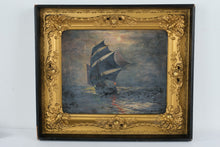 Load image into Gallery viewer, Antique Oil Painting Sailing Ship Moonlight Seascape Ornate Gold Frame 28x24
