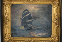 Load image into Gallery viewer, Antique Oil Painting Sailing Ship Moonlight Seascape Ornate Gold Frame 28x24
