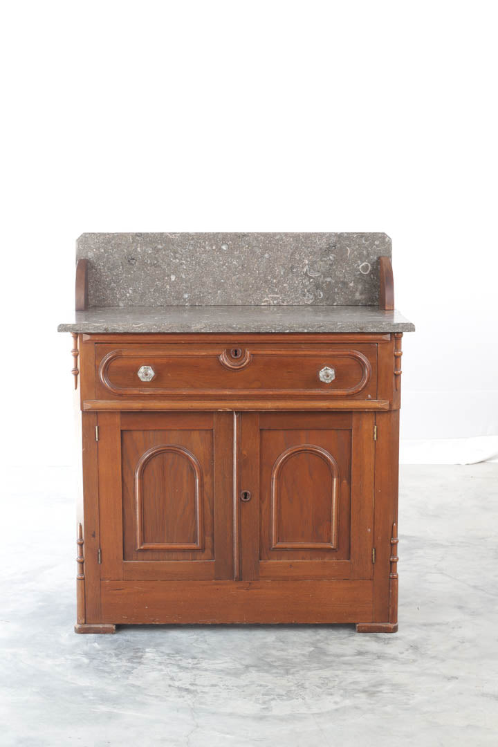 Antique Wash Cabinet with Gray Marble Top & Backsplash - Wood and Smith